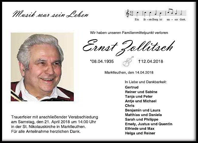 Ernst Zollitsch, Todesanzeige