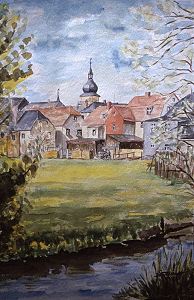 Aquarell: Altstadt Marktleuthens vom Mhlgraben aus