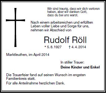 Todesanzeige Rudolf Röll